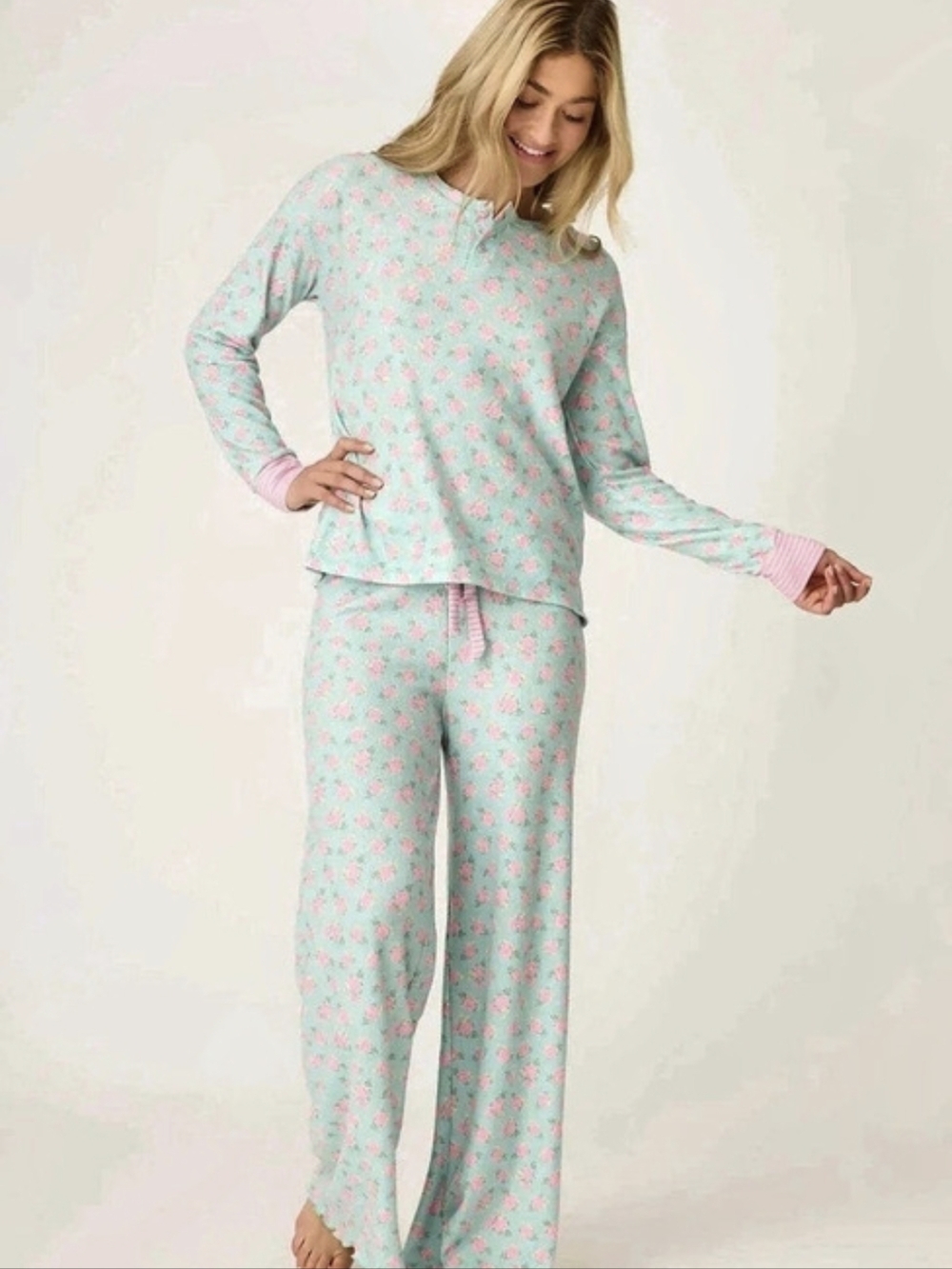 PJ Salvage Secret Garden Thermal Pajama Set Light Mint Pink Rose Floral Medium